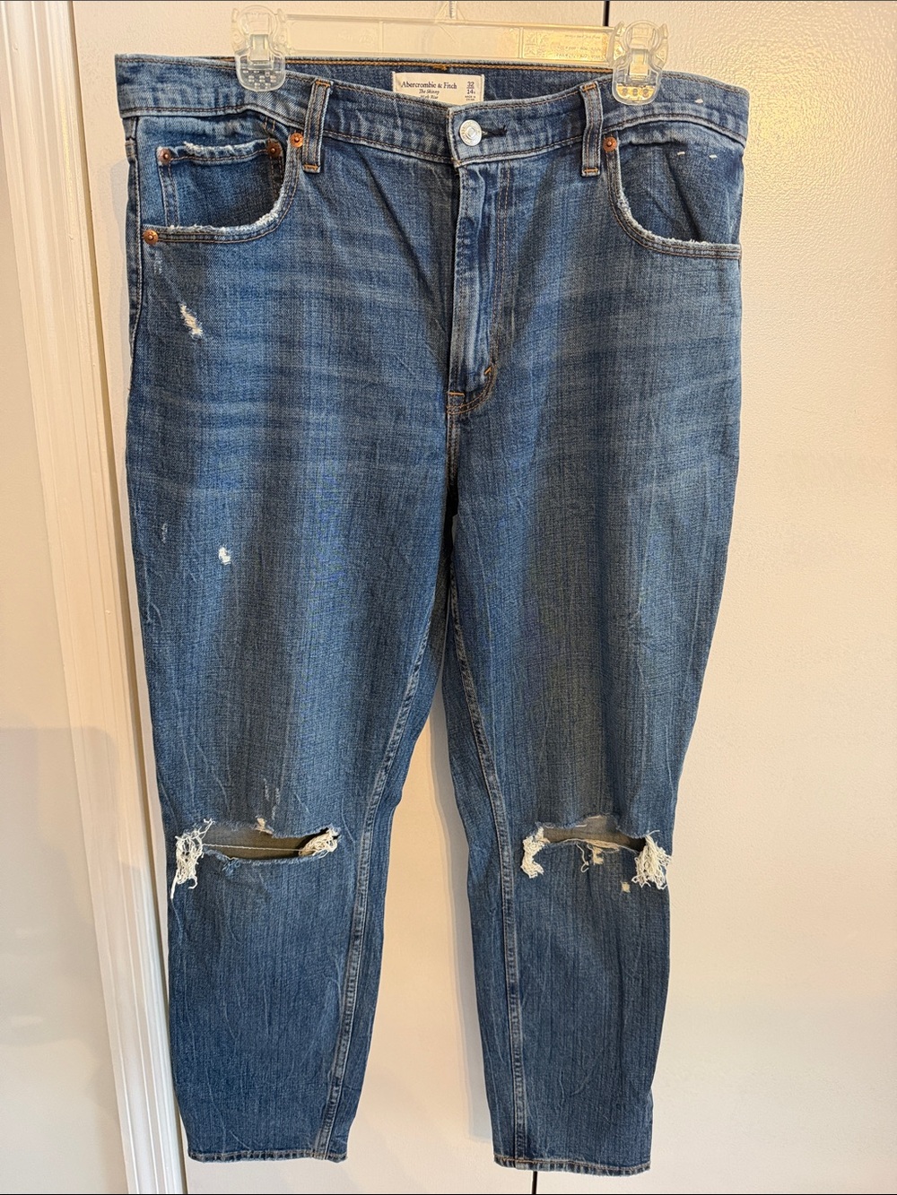 Abercrombie & Fitch Distressed Dark Blue Denim Jeans with Knee Rips